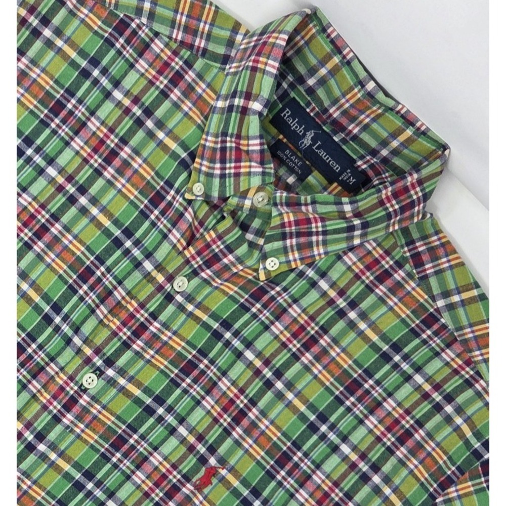 VINTAGE Polo Ralph Lauren Blake Button Down Green Plaid Shirt Short Sleeve Men M